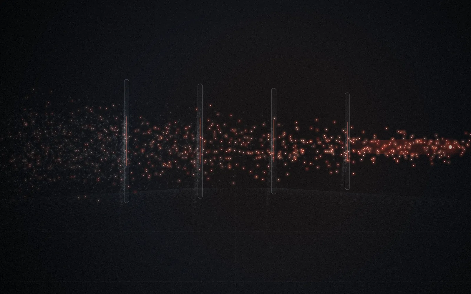 Abstract image: a stream of glowing particles passing through four glass gates, with fewer getting through each one