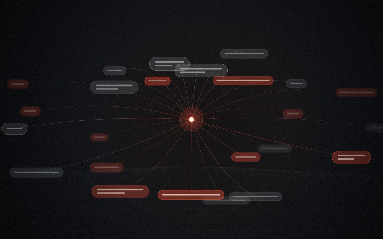 Abstract image: glowing chat bubbles floating at different depths, threads converging on a single orange core